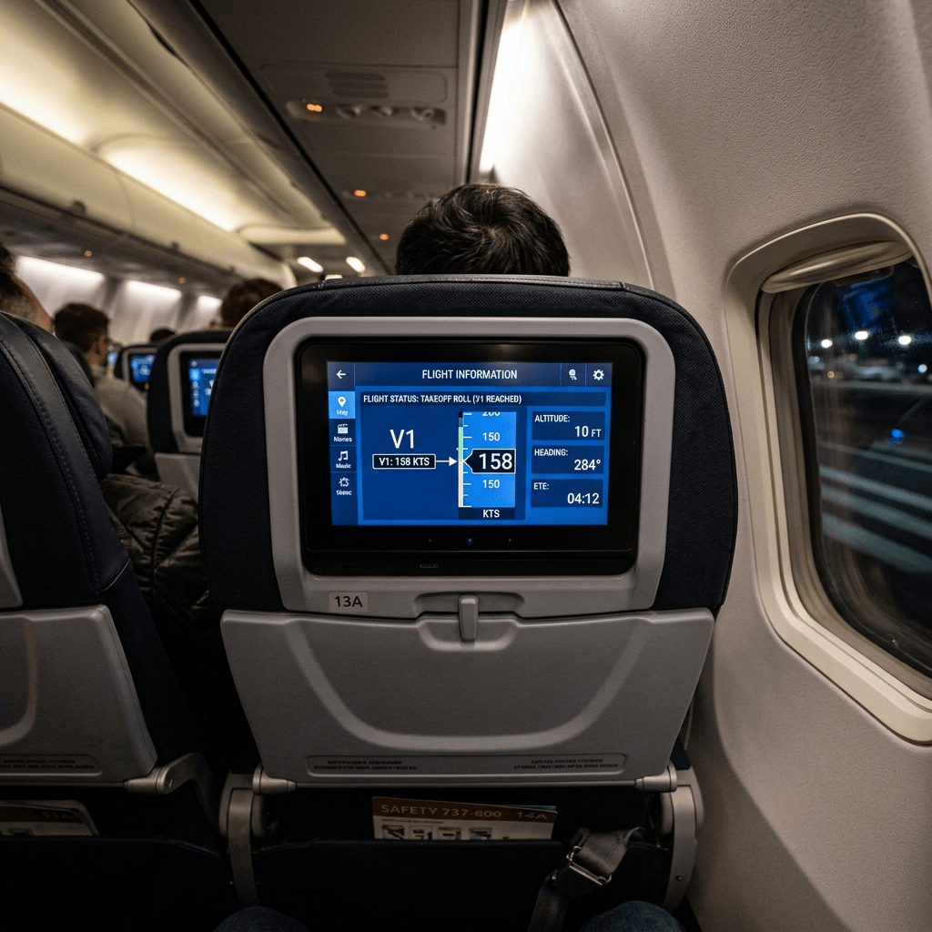 Seatback screen showing airspeed reaching V1