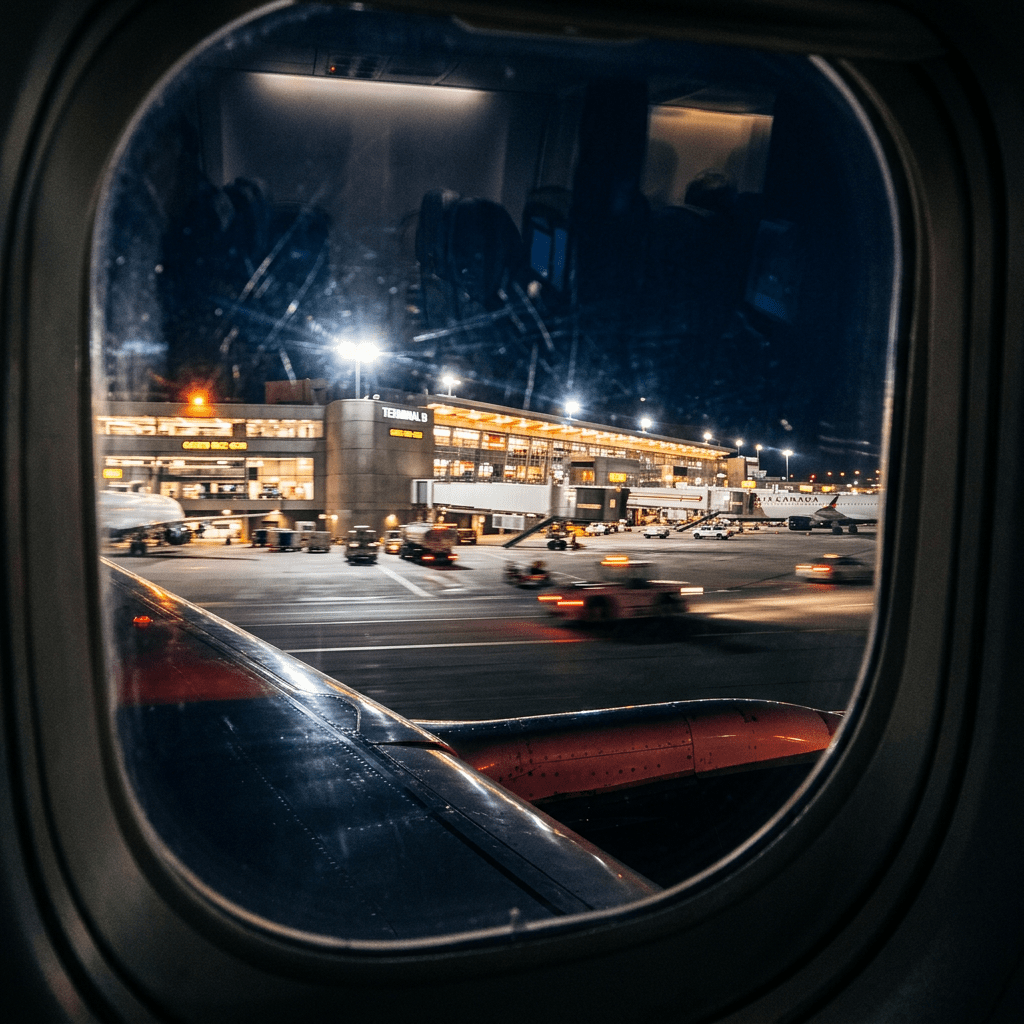Airport terminal sliding past aircraft window at night