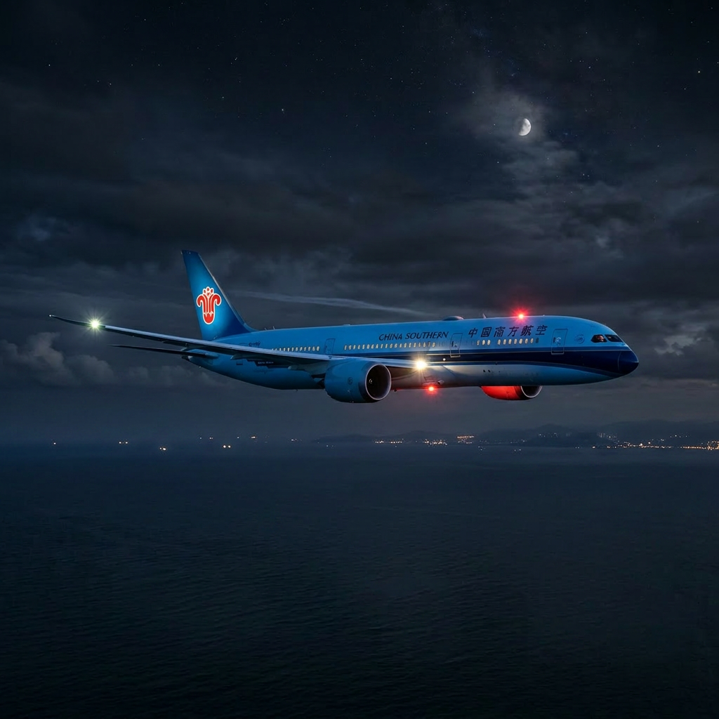 China Southern Airlines night flight over ocean China Southern Airlines airplane flying at night over ocean with ships and distant coastline